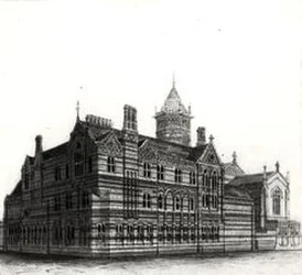 Neue Schulen, Rugby - Ansicht von Nordwesten, 1867-84